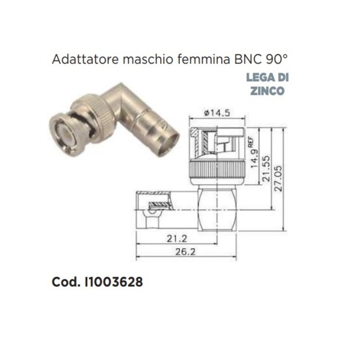CONNETTORE ADATTATORE DA BNC FEMMINA A  BNC MASCHIO 90 GRADI